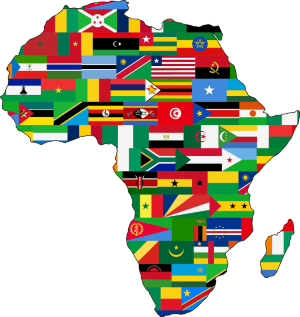 Kontur Afryki - graficzny - zamiast koloru wypełniony flagami poszczególnych państw afrykańskich. Flagi są rozłożone zgodnie z miejscem w którym znajduje się dane państwo. Dzięki temu obrazek jest wielobarwny